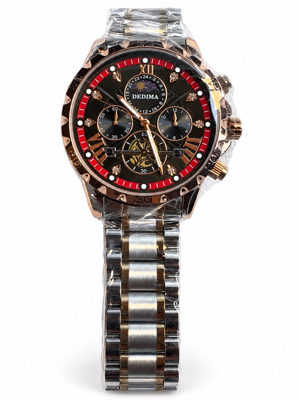 Dedima Two-Tone Men's Chronograph Watch in Rose Gold and Black with Red Accents